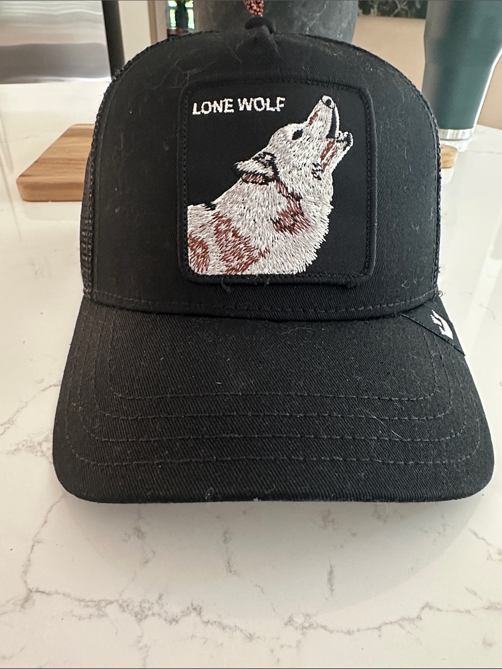 Goorin Bros Black Kids Trucker Hat with White and Brown Wolf Patch